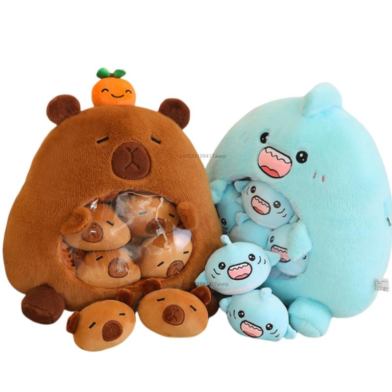 Kreatives 6-teiliges Mini-Stoff-Capybara, Blauer Hai, Pudding-Snack-Spielzeug In Einer Capybara-Tasche, Kissen, Baby-Umarmungs-Wurfkissen, Lernspielzeug