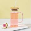 High Value Glass Straw Cup with Cover  Square Color Handle Transparent Glass Milk Tea Flat Bottom Single Layer Cup