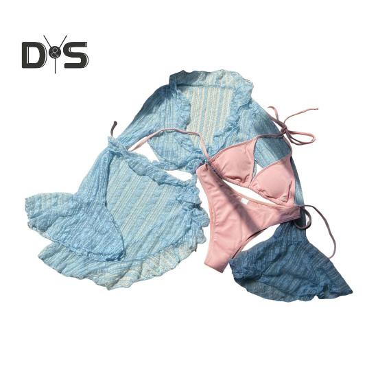 

4 шт./комплект женский сексуальный купальник бюстгальтер на шее с трусиками на шнуровке комплект с оборками пляжный стиль длинный рукав накидка топ юбка комплект M небесно-голубой