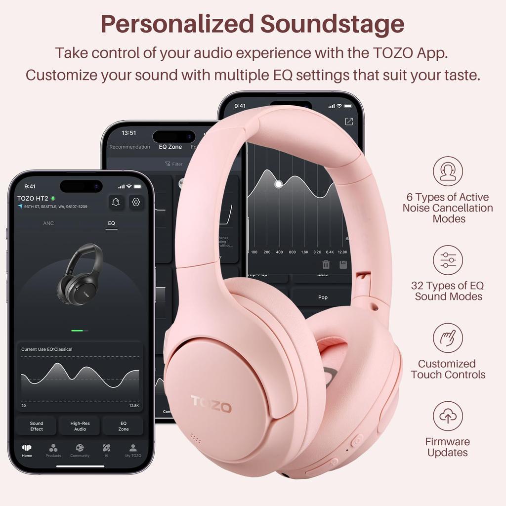 TOZO HT2 Wireless Noise Cancelling Audio Bluetooth AUX Wired Connection Not Active Noise Cancellation Warm Tone Sound Custom EQ Tone Conversion App