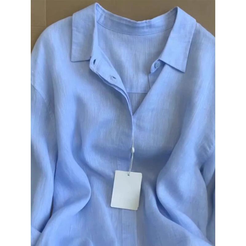 Blue linen shirt jacket women's summer thin old money wind cotton and linen shirt loose casual sunscreen top