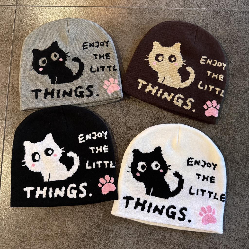 Cat Pattern Letter Embroidery High Top Knit Cap For Autumn Winter Fashion