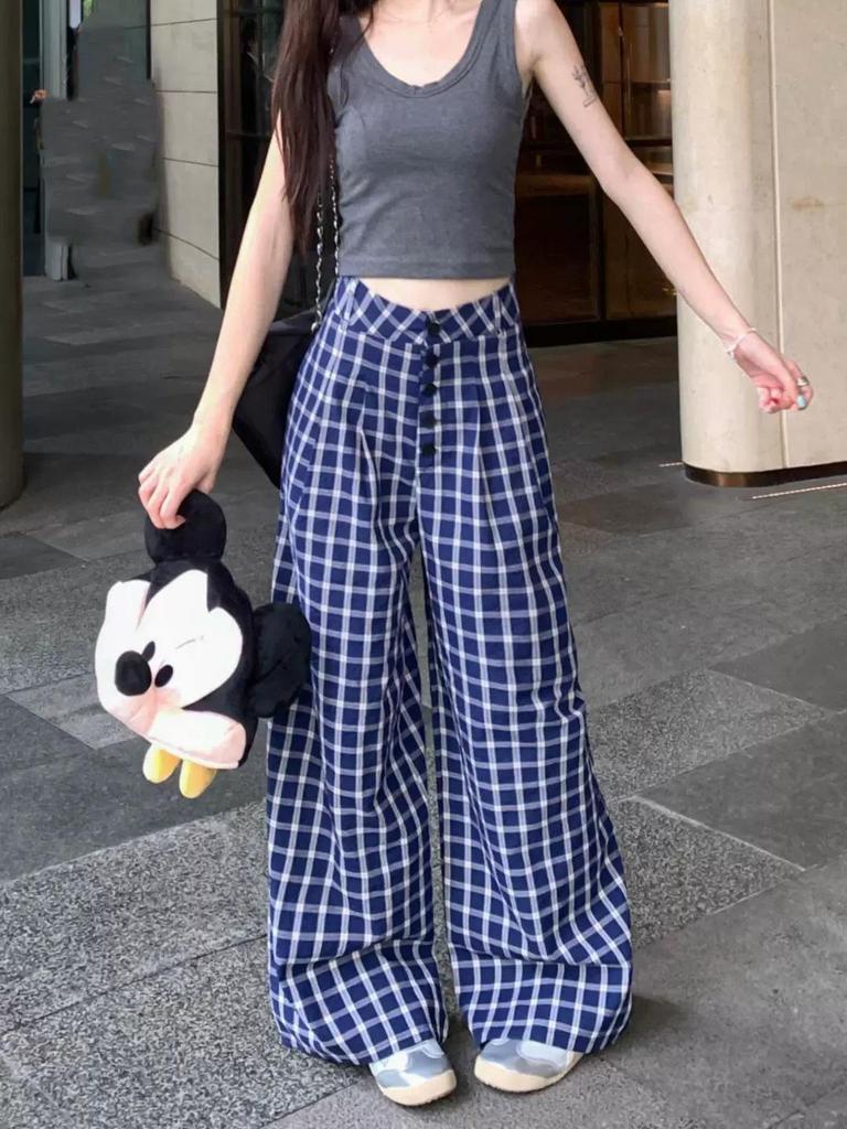 Women's Retro Plaid Wide-Leg High-Waisted Pants - Early Autumn Floor-Length Style