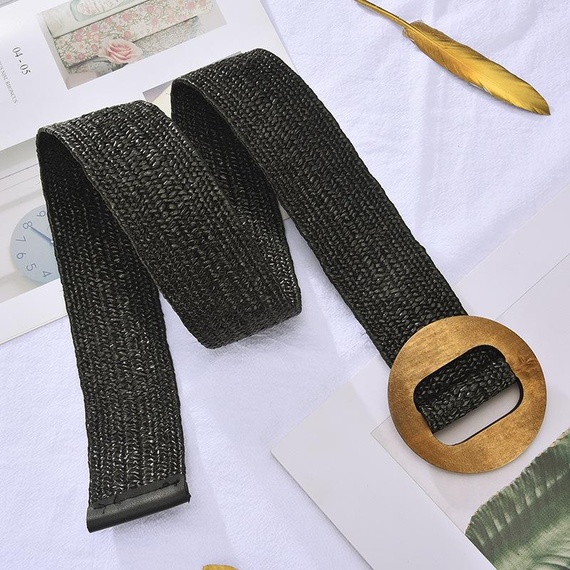 Elastic Pp Grass Belt Wood Round Buckle Belt Wide Woven Literature And Art Student With Skirt Waist Seal