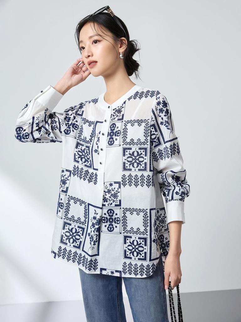 Ink Wash Silk Retro Print Shirt - Spring Slimming Henley Collar Cardigan Top