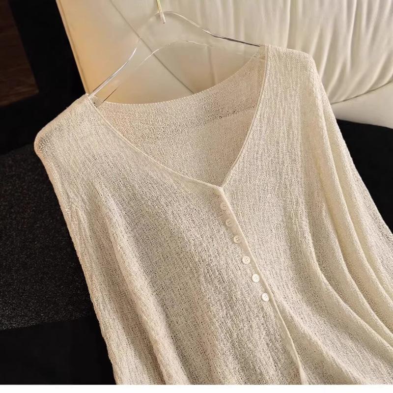 Dünne Pulloverjacken Damenbekleidung Ausgeschnitten Langarm Sommer Einfarbig Pullover V-Ausschnitt Lässig Gestrickte Cardigan Jacken
