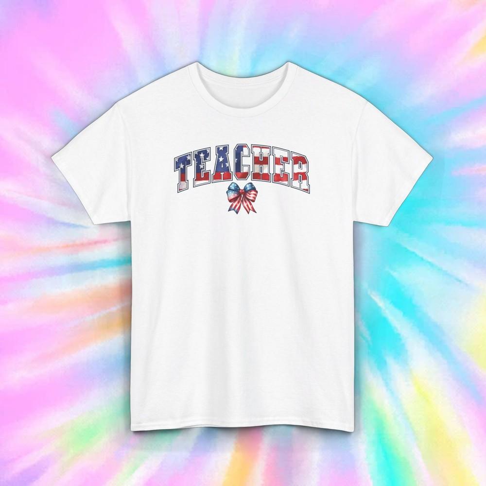

Patriotic Teacher T-Shirt | American Flag Bow Graphic | USA Pride Tee | S-5XL 3XL