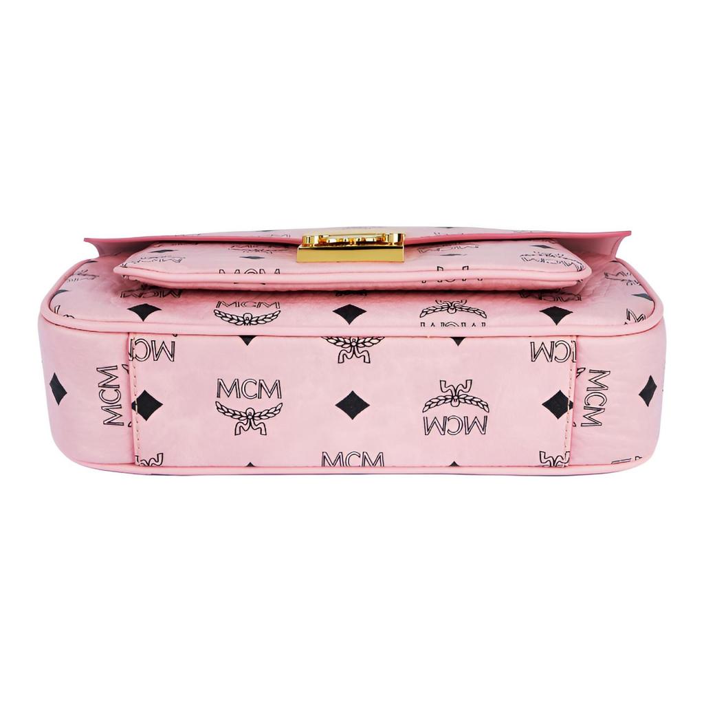 MCM Pink Visetos Leather Flap Top Handle Satchel Crossbody Bag with Gold Hardware for Daily Use