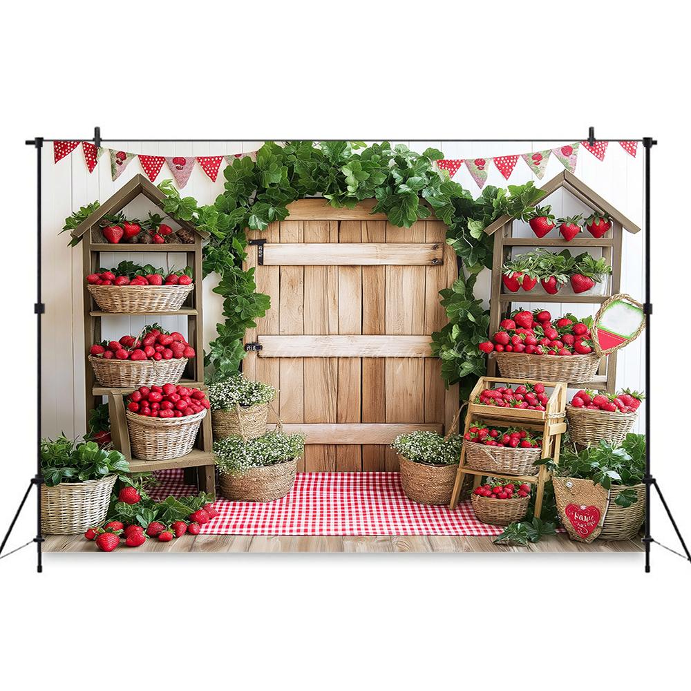 Rural Barn Door Strawberry Themed Birthday Party Background, Children's Birthday Party Decoration Photography Studio Background