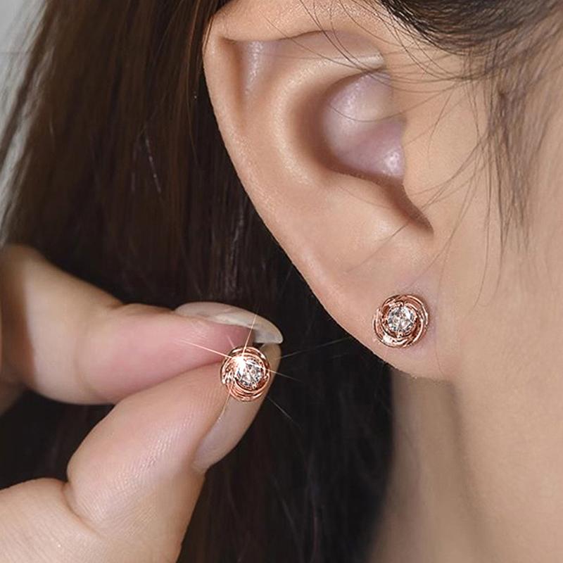 Simple Elegant Stud Earrings Female Versatile Daily Jewelry for Teens Rose Gold Color Bright Round Zirconia Accessories