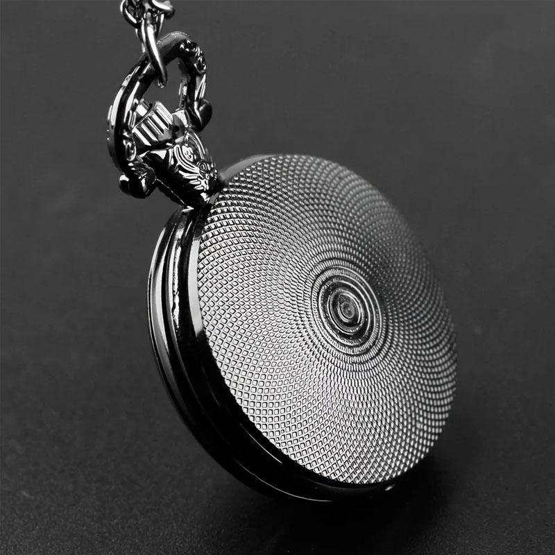 Vintage Black Motorcycle Quartz Pocket Watch Necklace Pendant with World Time Feature