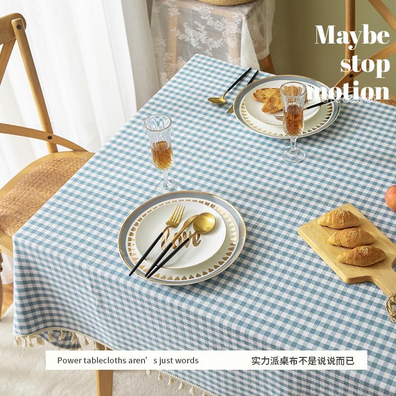 Cotton Linen Table Cloth Small Fresh Checkered Desk Cover Nordic Tassel Runner