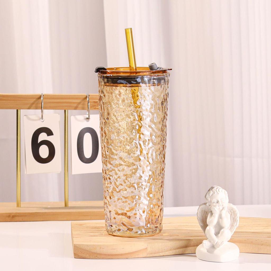 Large Capacity Transparent Glass Straw Cup with Lid for Office Drinks: Milk Tea, Coffee, Americano, Latte, Juice