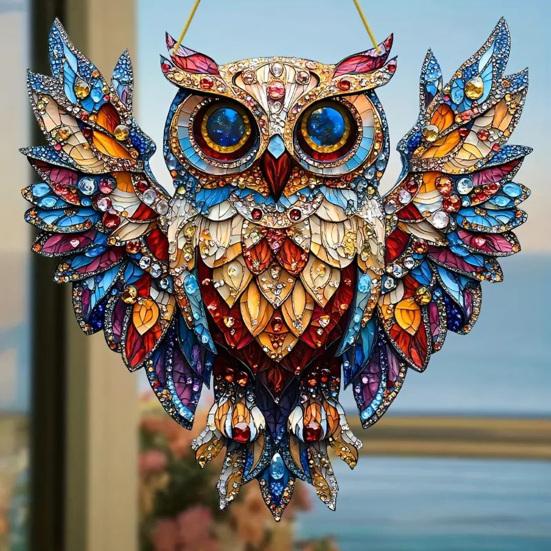 Owl Ornament Stained Glass Blue Green Sun Catcher Enchanting Birds Window Hanging Panel Kitchen Window Decor
