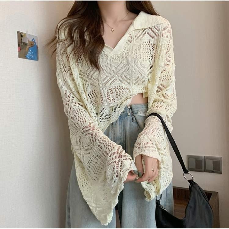 

Niche design sense early spring long-sleeved lapel knitted sweater women s fresh and sweet flared sleeve short top blouse Average size 53-302 бежевий
