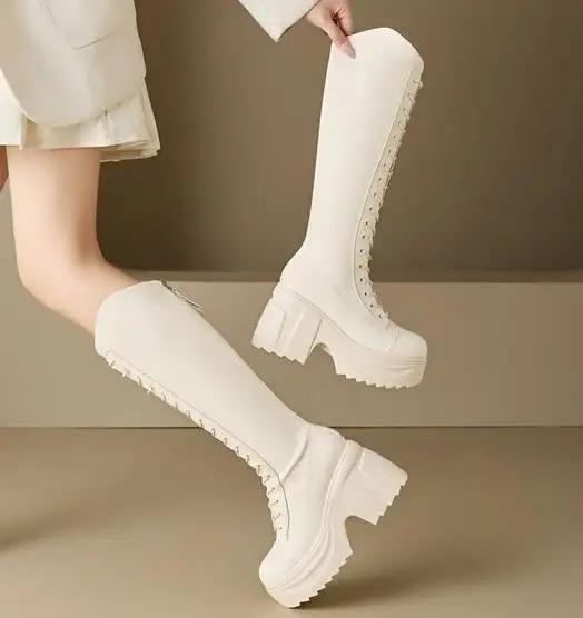 Fashion 10cm Microfiber Synthetic Platform Wedge Fashion Round Toe ZIP Leisure Spring Autumn Women Ankle Knee High Booties Shoes