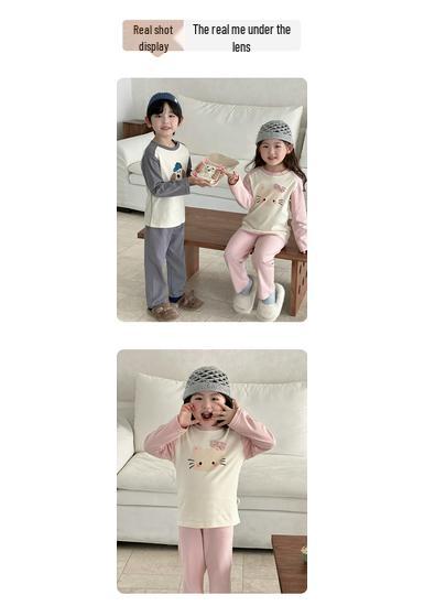Children's Rabbit Cartoon Round Neck Pajama Set - Pure Cotton Autumn/Winter 2025 Top & Pants for Boys & Girls