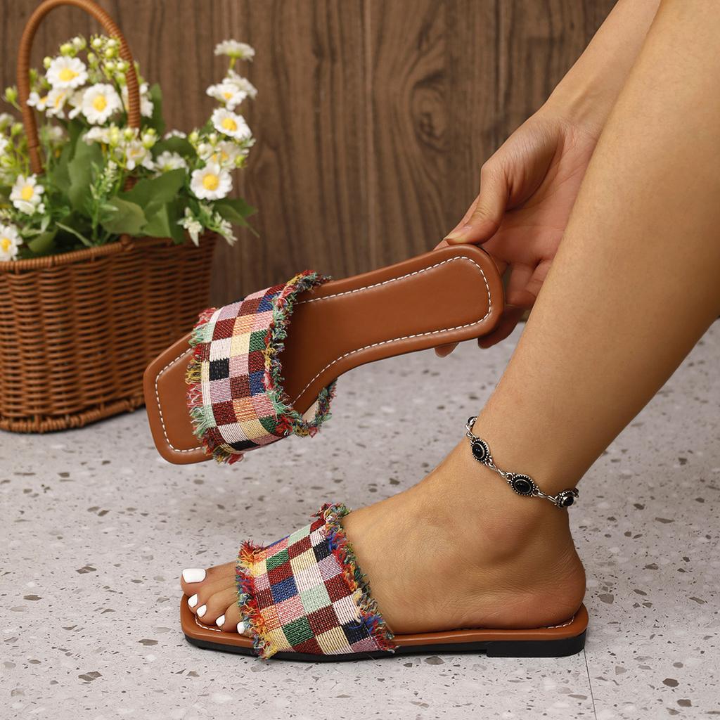 Wear Ethnic Style Retro Cloth Cool Slippers Casual Square Head Flat Bottom One Word Slippers Women