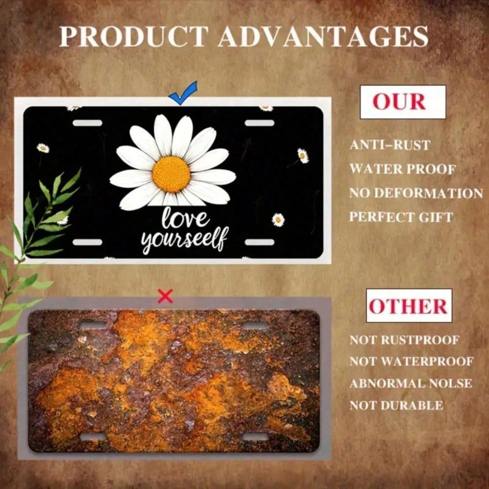 2D Flat White Daisy License Plate Frame, Waterproof Aluminum Front Car Tag Cover, 5.9x11.8 Inch Decorative