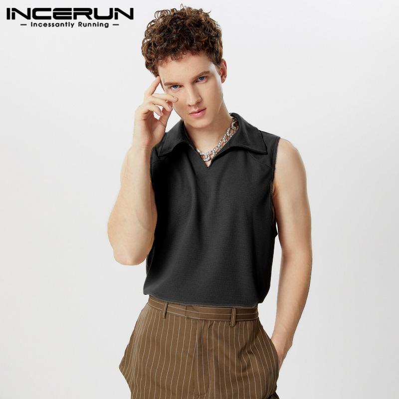 

INCERUN Мужские летние свободные майки с воротником-лацканами без рукавов повседневные футболки XL чёрный
