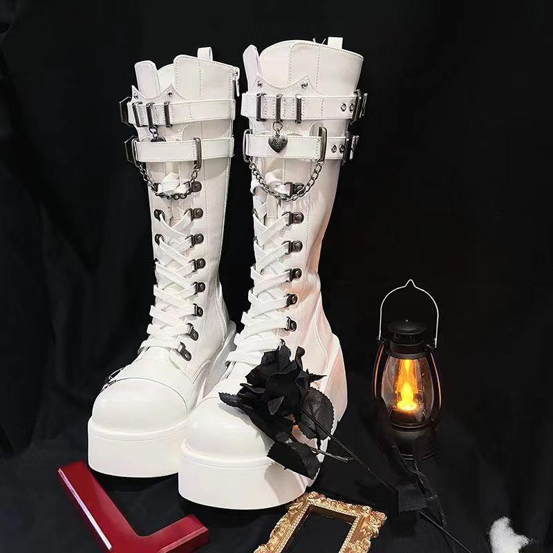 Neue Damen Plateau Stiefel Punk Gothic Leder Mid Calf Absatz Doppel Schnallenriemen Klobiger Absatz Bequem Mode Kampfstiefel
