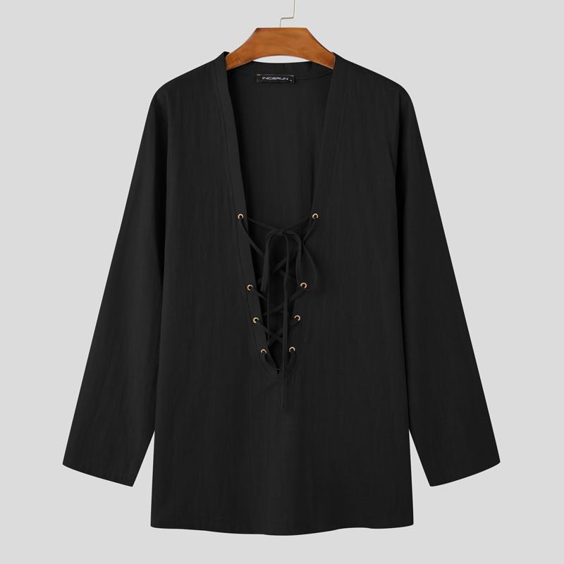 

INCERUN Men Deep V Neck Bandage Solid Color Casual Loose Homewear Long T-shirts Tops 2XL