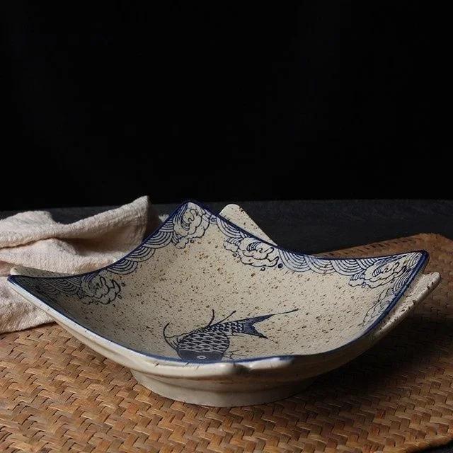 Japanese Fish Print Ceramic Tableware Special-shaped Large Ceramic Dinner Plate Dishes Bowl For Rectangular Household Hotels