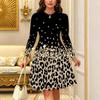 Women Long Sleeve Round Neck Midi Dress Abstract Geometric Floral Plum Blossom Stripe Dot Print Flared Dress