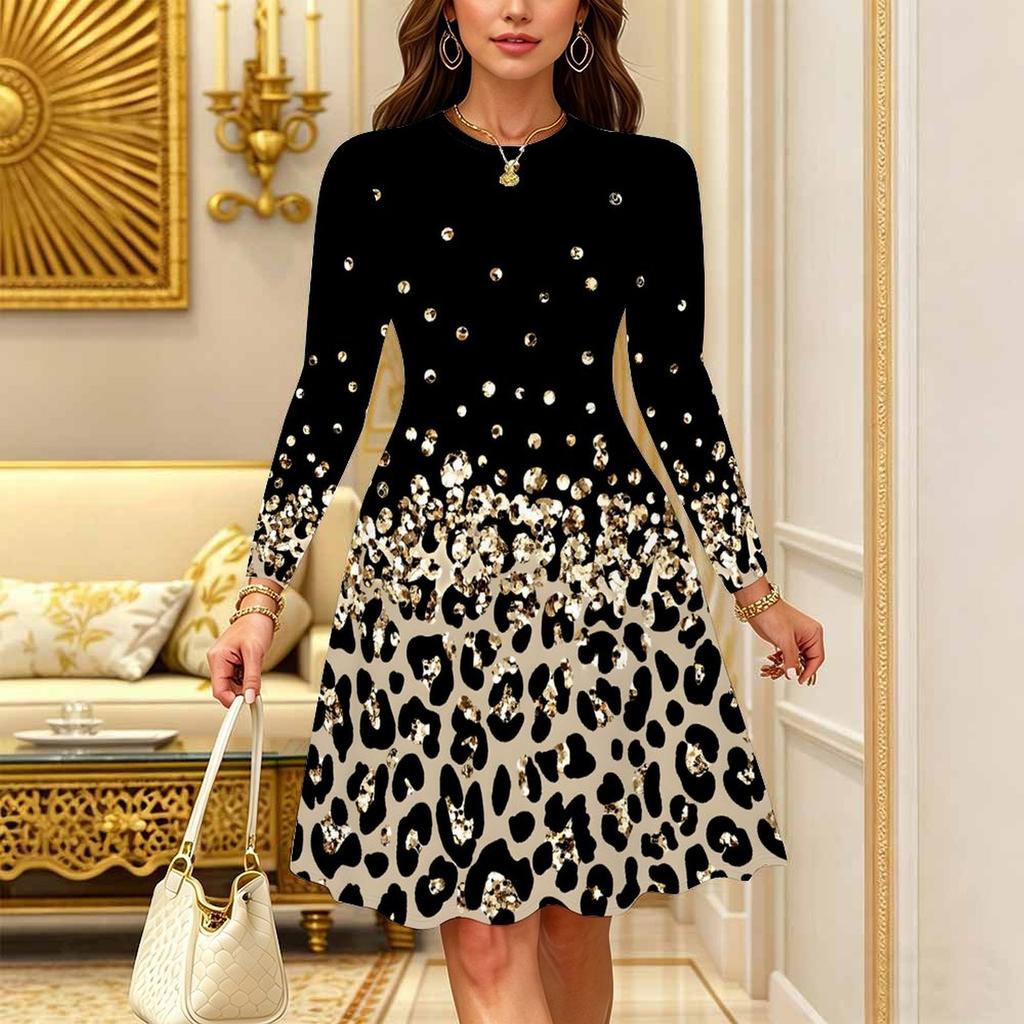Women Long Sleeve Round Neck Midi Dress Abstract Geometric Floral Plum Blossom Stripe Dot Print Flared Dress