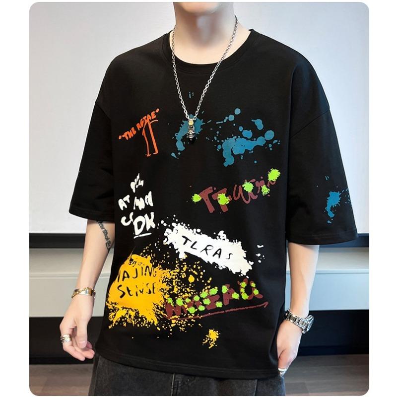 Camiseta de Verano para Hombre Streetwear Manga Corta Holgada Estampada Estudiante Casual Top Media Manga Cuello Redondo Camiseta de Marca