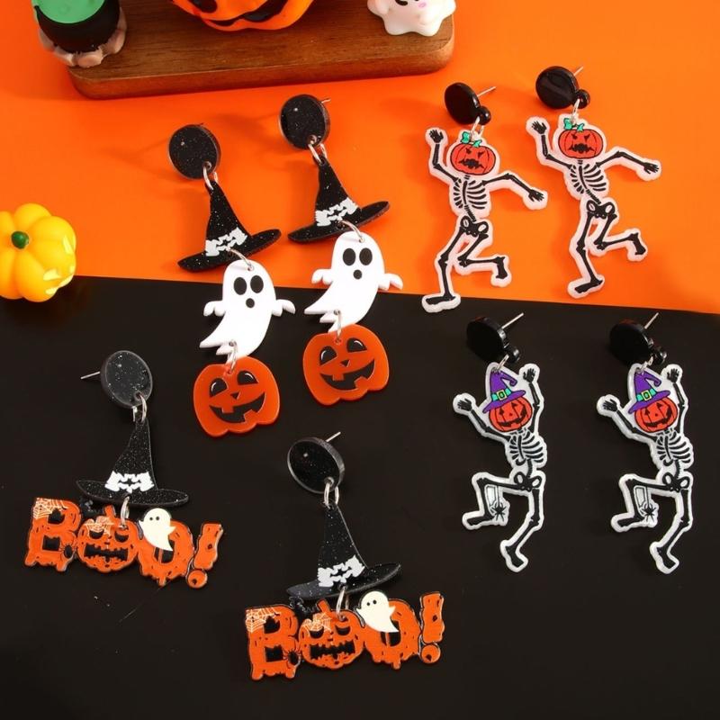 Halloween Pumpkin Hallucination Skeleton Cartoon Acrylic Earrings Lightweight Stable Accessories For Women Girls Costume Party