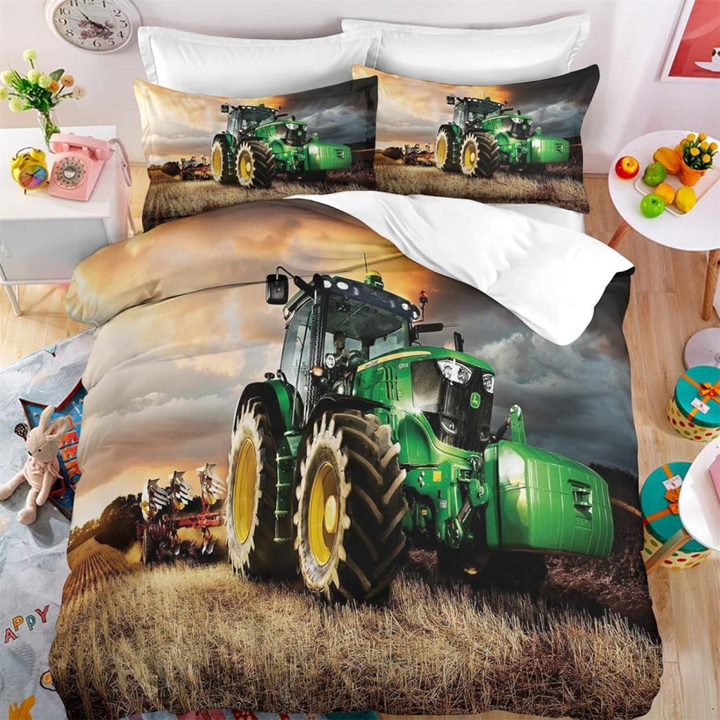 Tractor Bedding Set With Pillow Cover 75X50Cm, Tractor Pattern Boys Quilt Cover Set, Microfiber Comfortable Duvet Cover Set