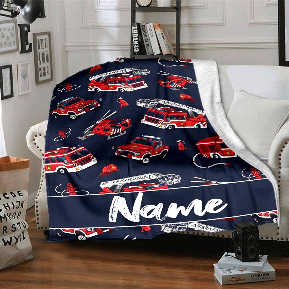 Custom Name fire truck Theme Printed Blanket - Perfect for Couch, Bed, Travel & Outdoor Use | Machine Washable, Cozy & Durable.