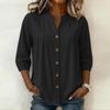 Women Casual Solid Color V Neck Button Down Three Quarter Sleeve Blouse Lightweight Loose Fit Shirt for Everyday Wear