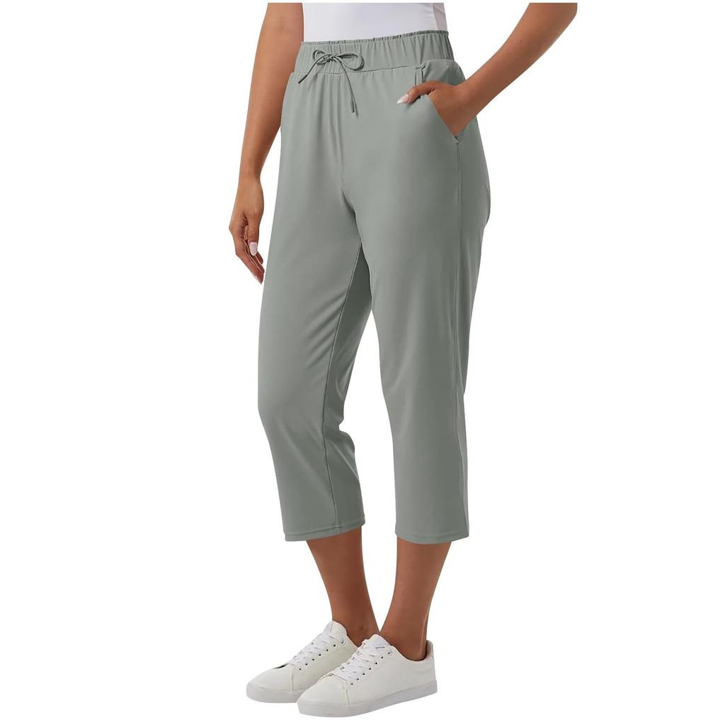 Women's Fashionable Solid Color Pocket Pants Sports Casual Cropped Pants