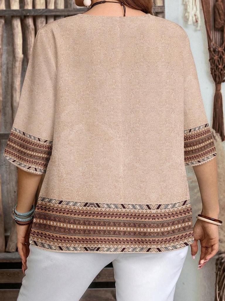 Plus Size Women's Casual V-Neck Buttoned Loose 3/5 Sleeve All-Over Print Shirt for Spring/Summer