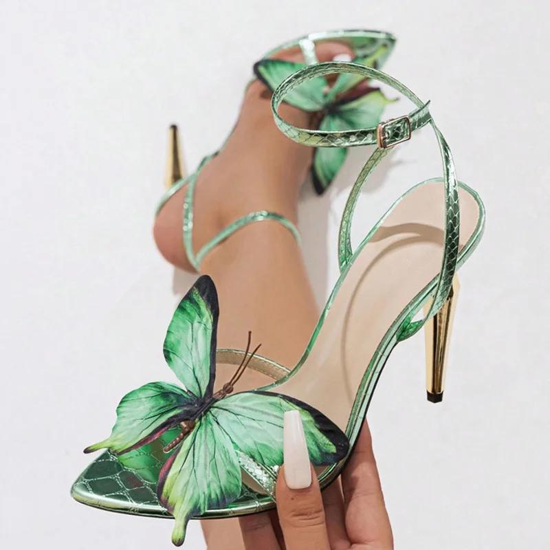 Grüner Schmetterling Verzierungs Design Sandalen mit Absatz Damen Mode Spitze Knöchel Schnalle Marken Designer Schuh Sexy Partykleid Schuh