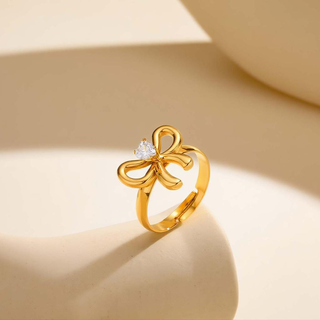 Stainless Steel Zircon Bow Flower Butterfly Ring for Women,18K Gold Plated Bowknot Opening Rings,Fashion Jewelry Gifts