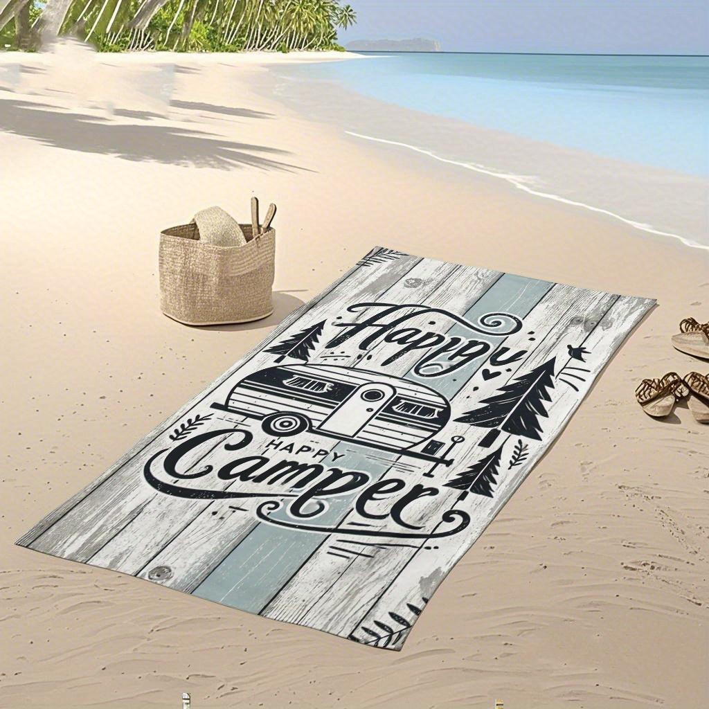 Happy Camper Beach Towel Vintage Trailer and Wood Grain Art Quick-Dry Sand-Free Microfiber BathTowel for Camping and Summer Pool