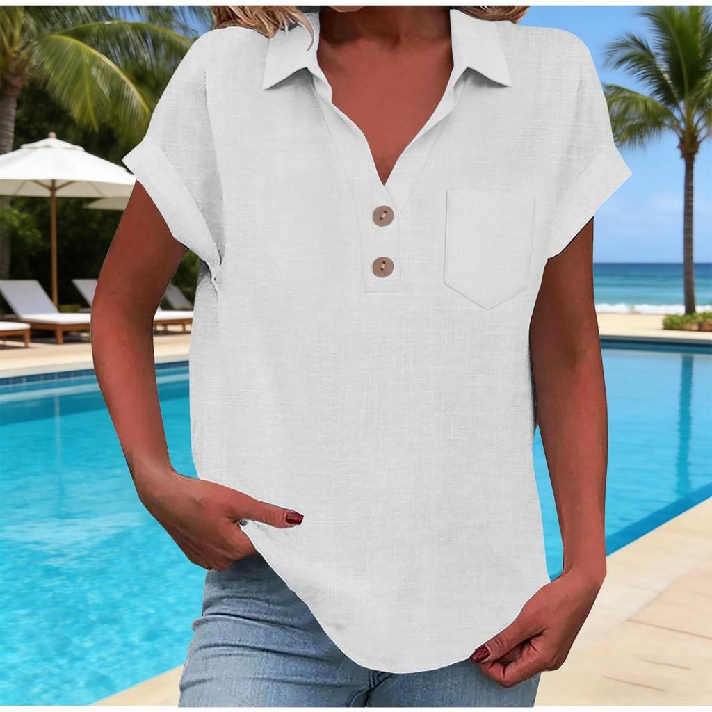 Women's Fashion Casual -Colour Buttoned Pocket Collared Short-Sleeved Shirt T-Shirt Top