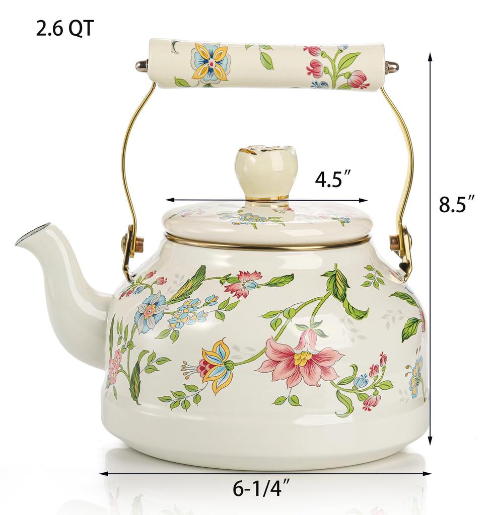 2.5 Quart Vintage Enamel Tea Kettle Green Floral Enamel on Steel Teapot with Handle for Stovetop Home Afternoon Tea Set Kettle