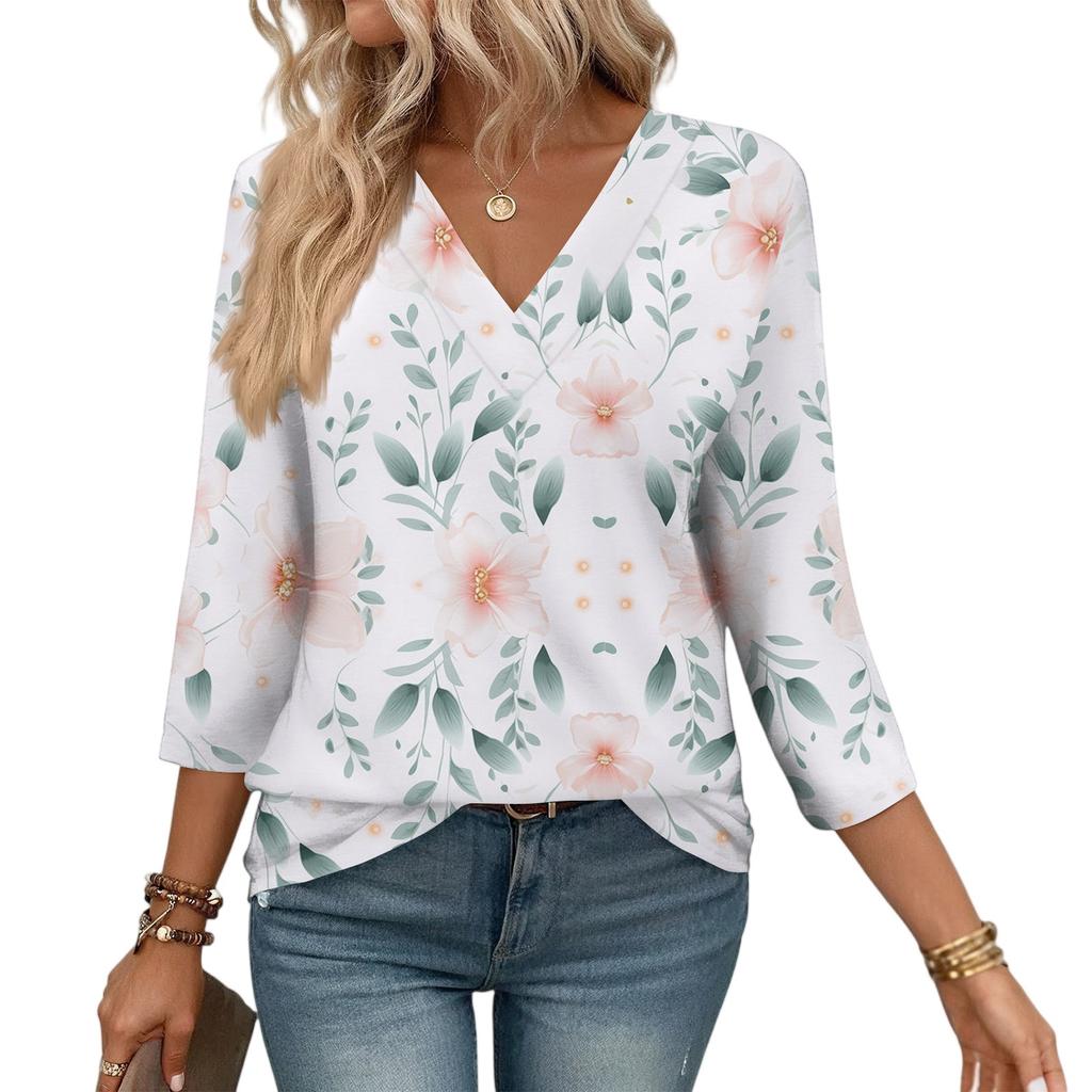 Women's Casual Fashion Sexy Comfortable V-neck Floral Three-quarter Sleeve Top