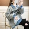 Sweatshirt for Women Cotton Faux Two-Piece Loose Casual Pullover Long Sleeve Sweatshirt Top