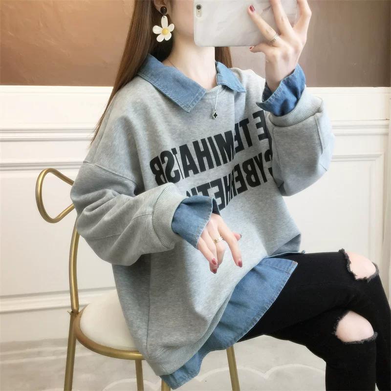 Sweatshirt for Women Cotton Faux Two-Piece Loose Casual Pullover Long Sleeve Sweatshirt Top