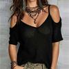 Blusa Moda Donna Estiva Casual Lavorata a Maglia Manica Corta Scollo a V Tinta Unita Patchwork Top Chic Camicie da Donna Bluse per le Vacanze