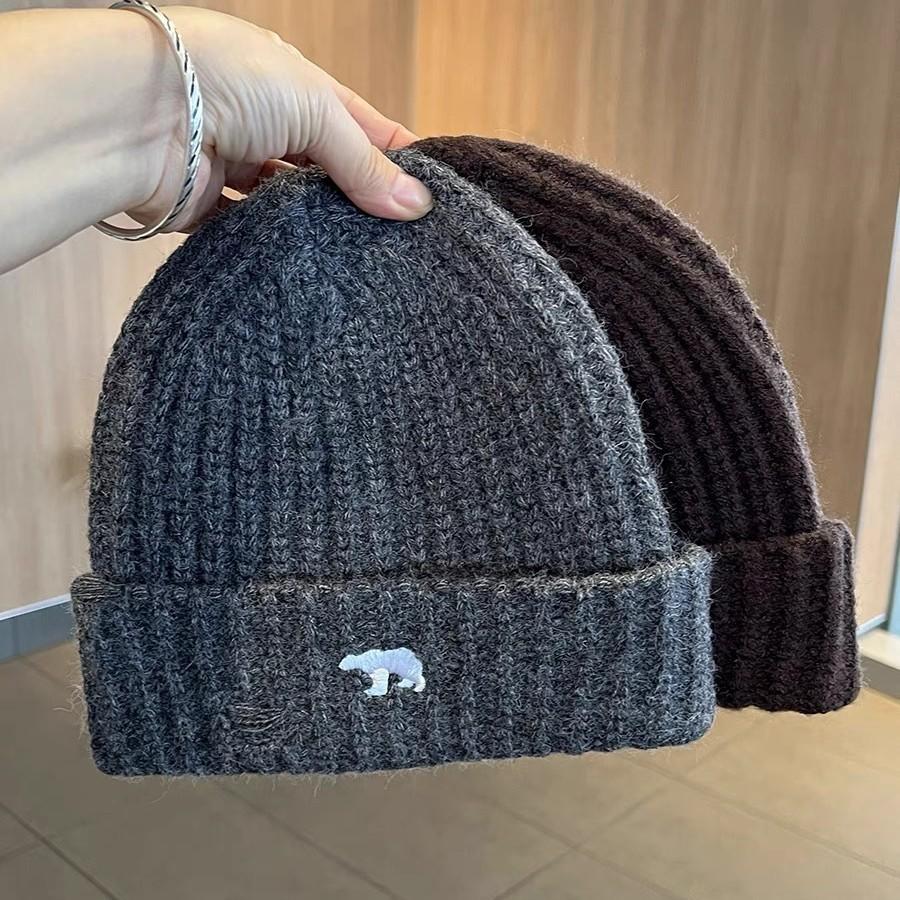Ripped Wool Hat for Women In Autumn and Winter Versatile Warm Knitted Hat Showing Face Small Embroidery Polar Bear Ear Protection Cold Hat Men
