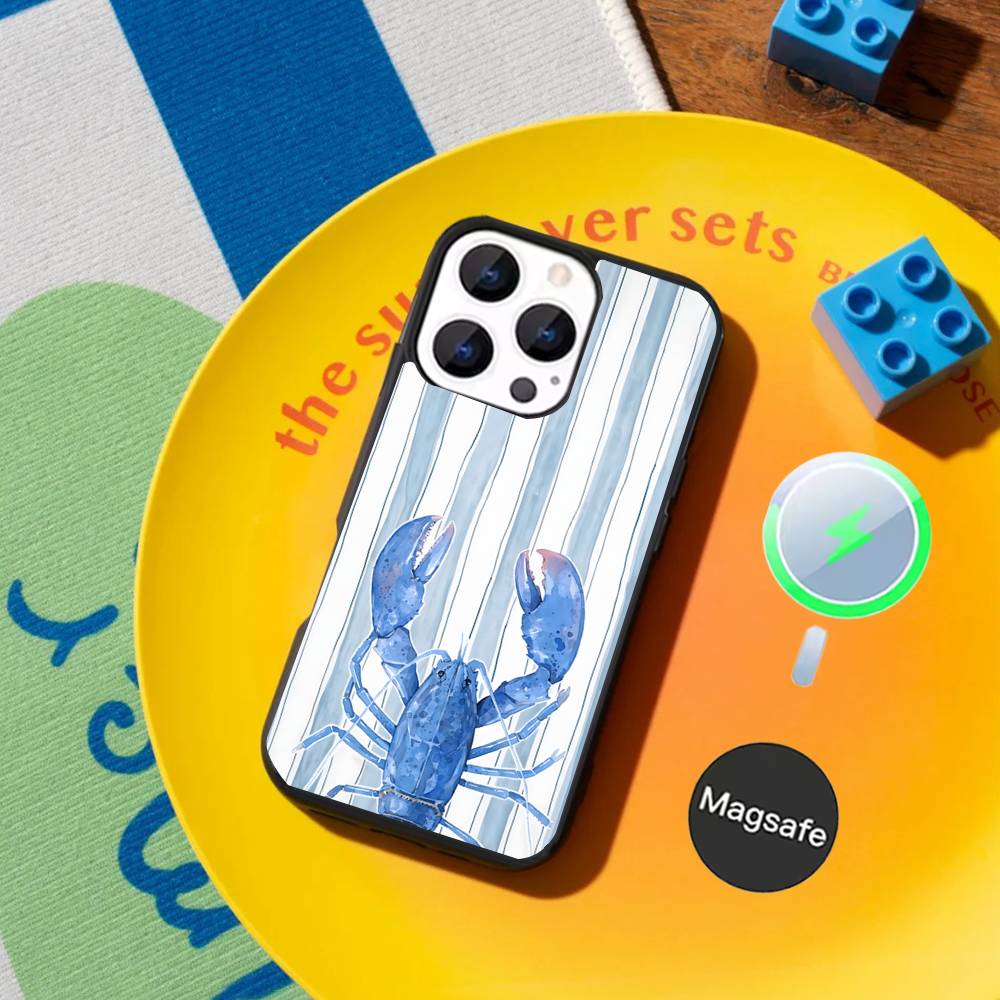 Lobster On Stripes Ocean Phone Case For iPhone 17,16,15,14,13,12,11,Pro,Max,Plus,Mini,SE4,E Magnetic Magsafe Wireless Charging