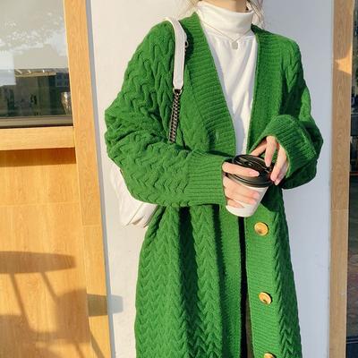 Early Autumn Retro Twist Knitted Cardigan Women's Medium and Long Over-knee Loose V-neck Versatile Solid Color Thickened Sweater Jacket