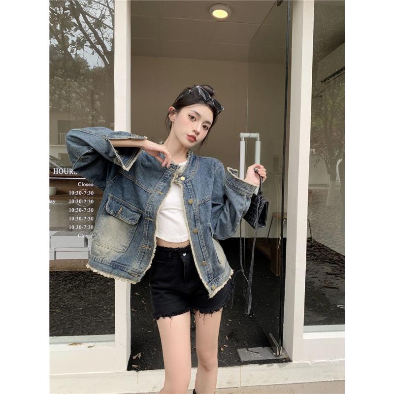 Autumn Retro Raw Edge Denim Jacket - Slimming, Loose Fit with Pockets