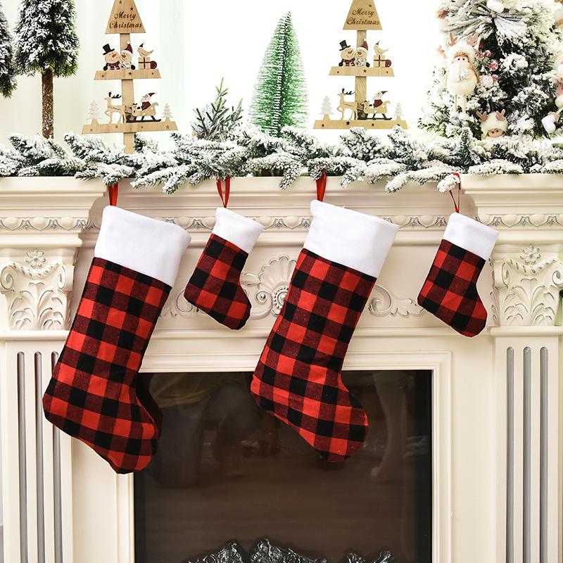 Red and Black Plaid Christmas Stocking Ornaments with Plush Details